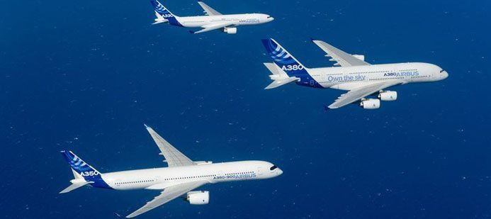 Airbus formation flight A330 A350 XWB A380. Bildku00e4lla: Airbus