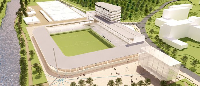 Su00e5hu00e4r ser fu00f6rslaget till fotbollsarenan och isbanorna pu00e5 Studenternas i Uppsala ut. Illustration: Fojab Arkitekter