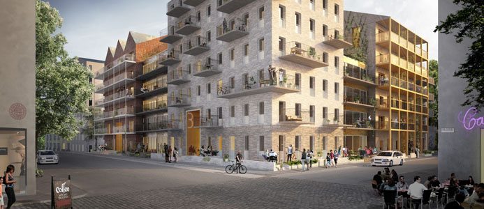 Skanska Nya Hems kvarter i Rosendal kommer innehålla över 100 bostäder och har stort fokus på hållbarhetsfrågor. Förutom att husen naturligtvis har bra miljö- och energiprestanda så sätts människan i centrum och stor vikt läggs vid att skapa förutsättningar för de boende att minska sin påverkan på miljön. Bild: Skanska