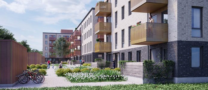 Illustration på ett av Riksbyggens två projekt som omfattar Pilsnäckan. Illustration: Arkitektlaget