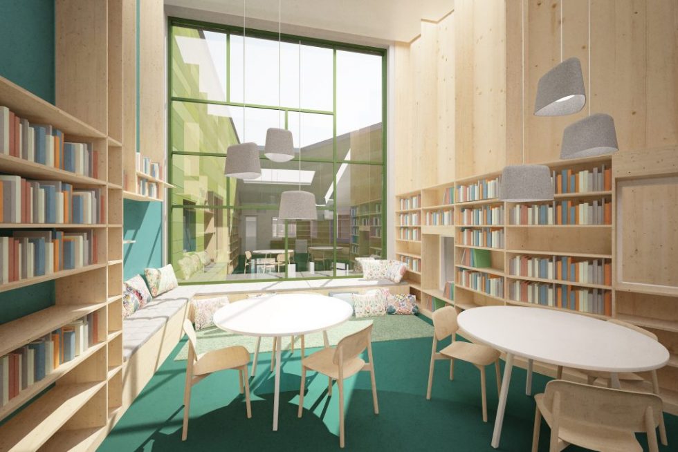 Skolbyggnaden omfattar 10 500 kvm BTA och är en kompakt byggnad med mycket betong. Entrén upplevs som öppen och luftig. Det finns även mindre miljöer för gruppstudier. Foto/illustration: Horisont Arkitekter AB