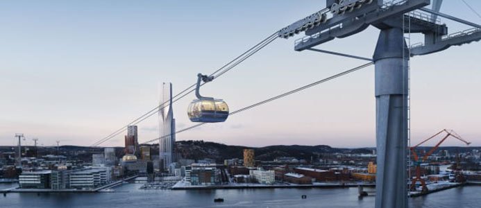 Tidig visionsbild av hur den planerade linbanan i Göteborg skulle gå över älven från Järntorget till Lindholmen, till vänster, och vidare mot Lundby och Wieselgrensplatsen. Visionsbild: Tomorrow.