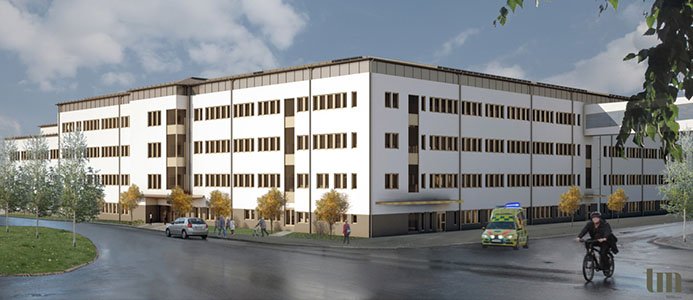 Skissbild på den nya psykiatribyggnaden vid Norrlands universitetssjukhus. Bild: Västerbottens läns landsting/TM