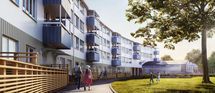 Illustration av nya hyreslägenheter i Biskopsgården, Uppsala. Bild: Willhem.