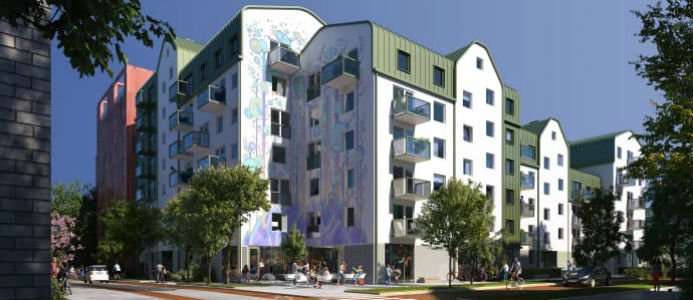 Såhär kommer ByggVestas hus i Rosendal att se ut med Lex Zooz muralmålning. Bild: Mir/Utopia.
