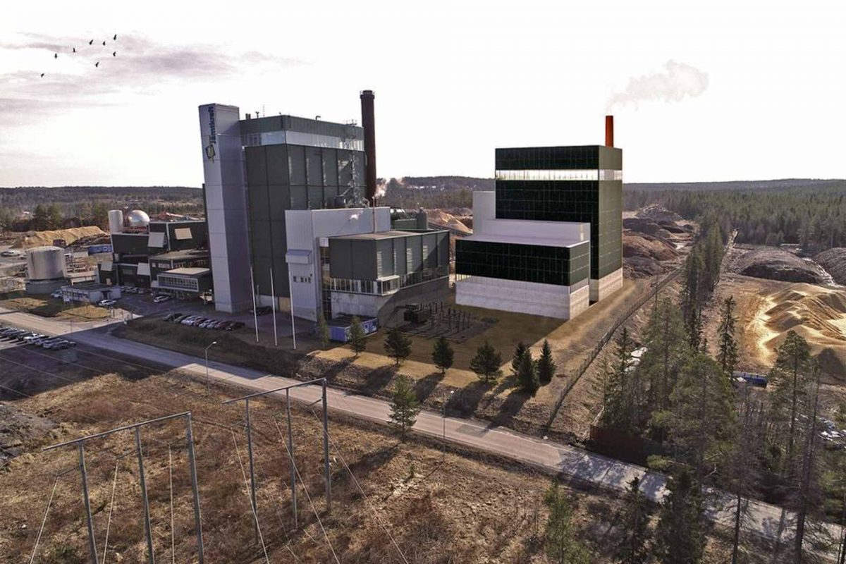 Skiss över det nya kraftvärmeverket. Den svarta byggnaden till höger i bilden är den nya anläggningen.