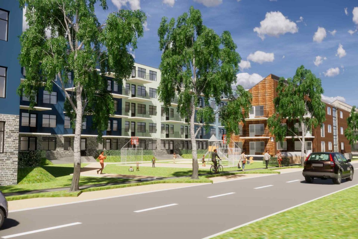 Husen i Sadelmakaren byggs av två olika metoder med två olika utseenden. Bild: bsv arkitekter & ingenjörer