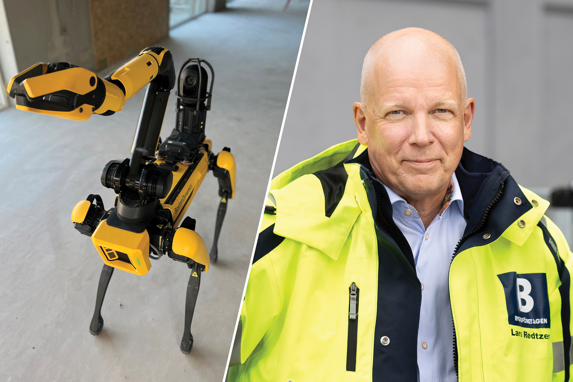 Lars Redtzer, Head of Industry Development at Construction Companies. Image: Construction Companies. Robo-dog Buster. Image: Peab AB