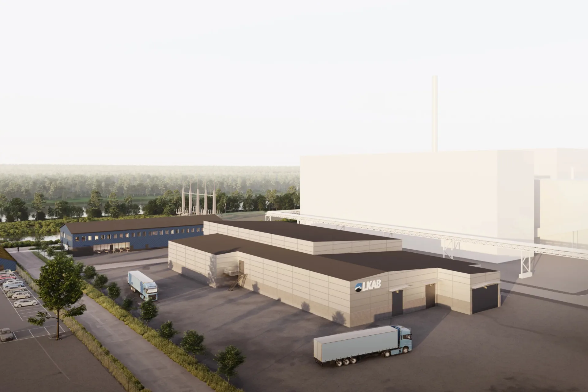 Demonstrationsanläggning för kritiska mineral, med tillhörande blå kontorsbyggnad. Vita klossar representerar den framtida planerade industriparken i Luleå. Bild: LKAB
